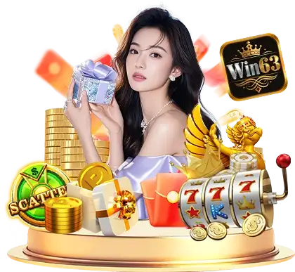 WIN63 casino promotion banner with games, login, register, app, download, and online casino options